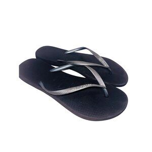 Havaianas Slim Flip Flops Black Silver 41/42 or 9.5 Rubber Casual Beach Sandals